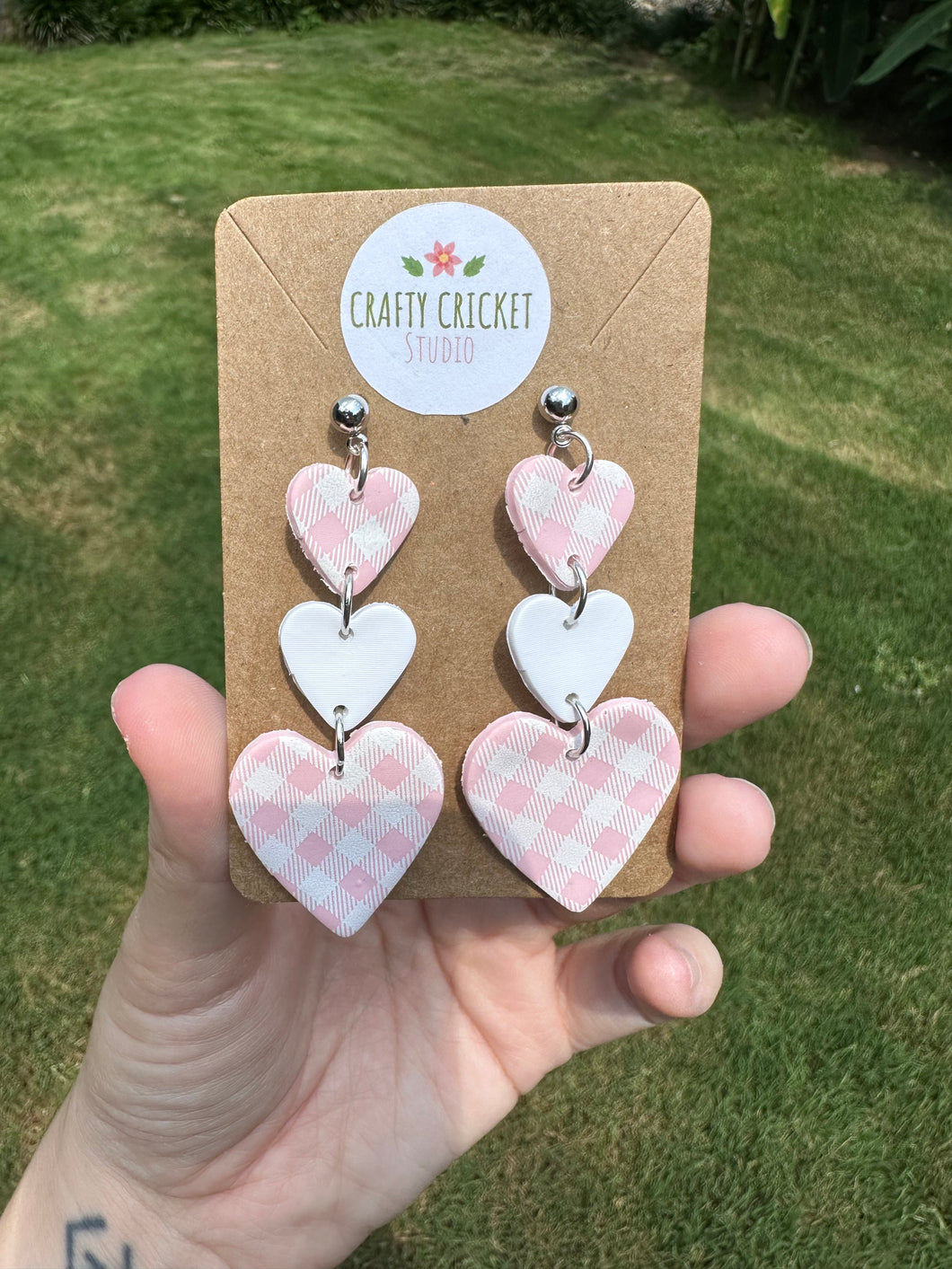 Pink Gingham Heart Dangly  Clay Earrings